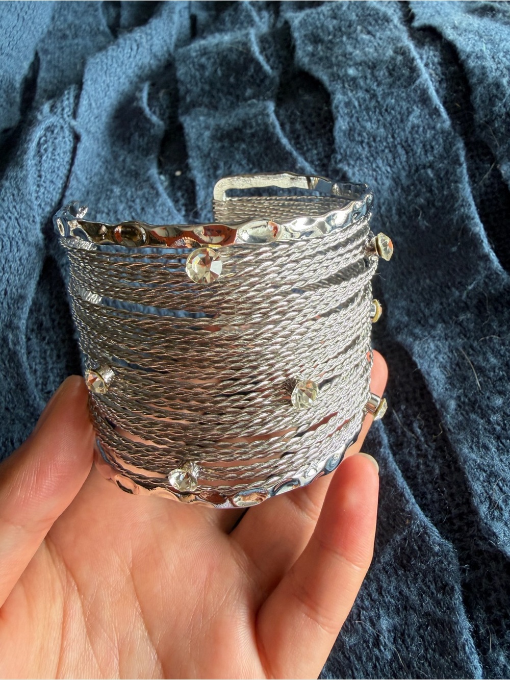 Silver Twisted Wire Cuff Bracelet with Clear Crystal Accents